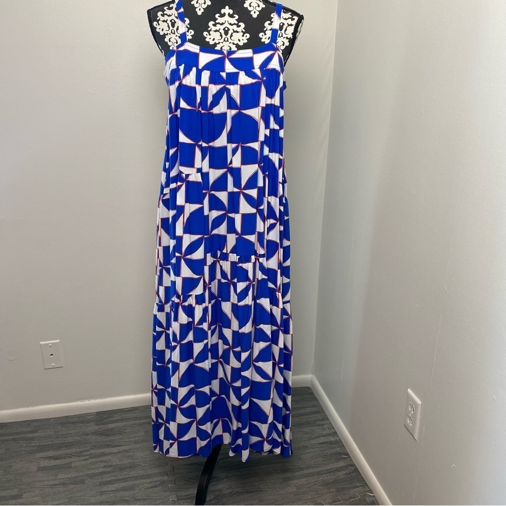 Blue and White Geometric Maxi Dress